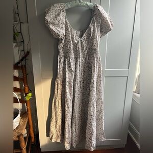 Women's Floral Puff-Sleeve Midi Dress - White with Pink/Green Floral